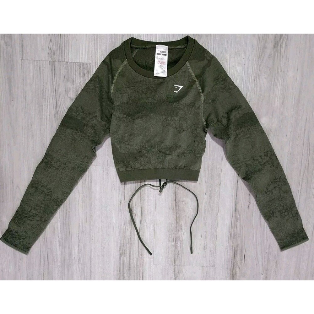 New Gymshark Adapt Camo Seamless Lace Up Back Top Moss Olive Green Size S Womens